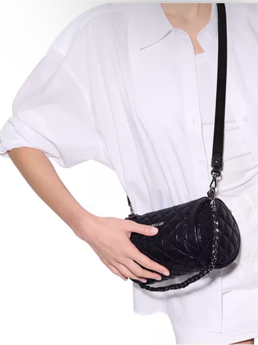 MZ Wallace Black Quilted Nylon Barrel Shoulder Bag with Chain Strap - Picture 5 of 8